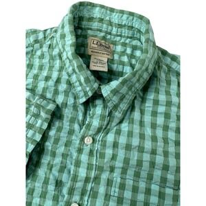 LL Bean Gingham Seersucker Button Down Camp Shirt Mens Size‎ M-Reg Organic Green